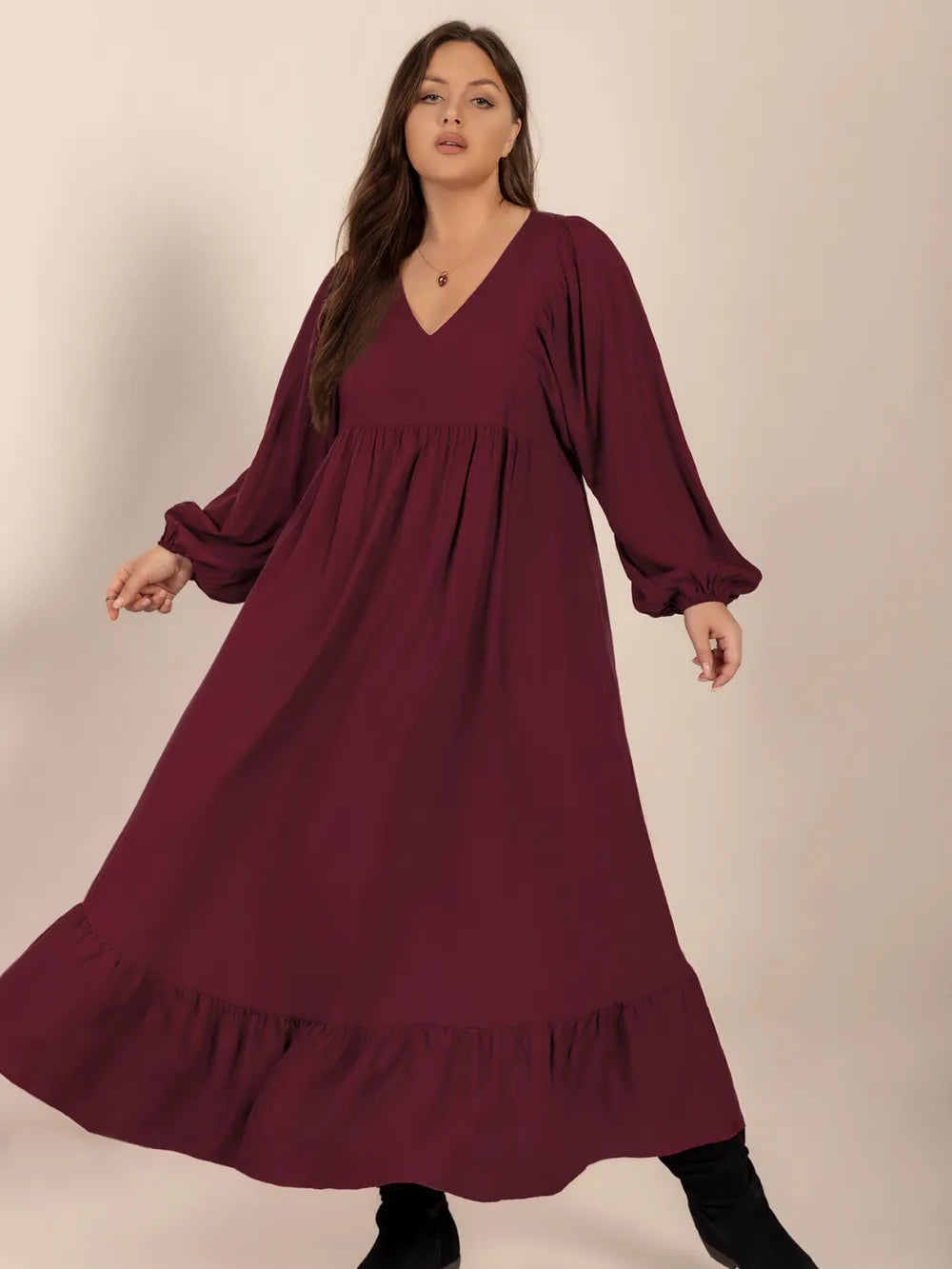 Ruffled Hem V-Neck Balloon Sleeve Dress in Burgundy