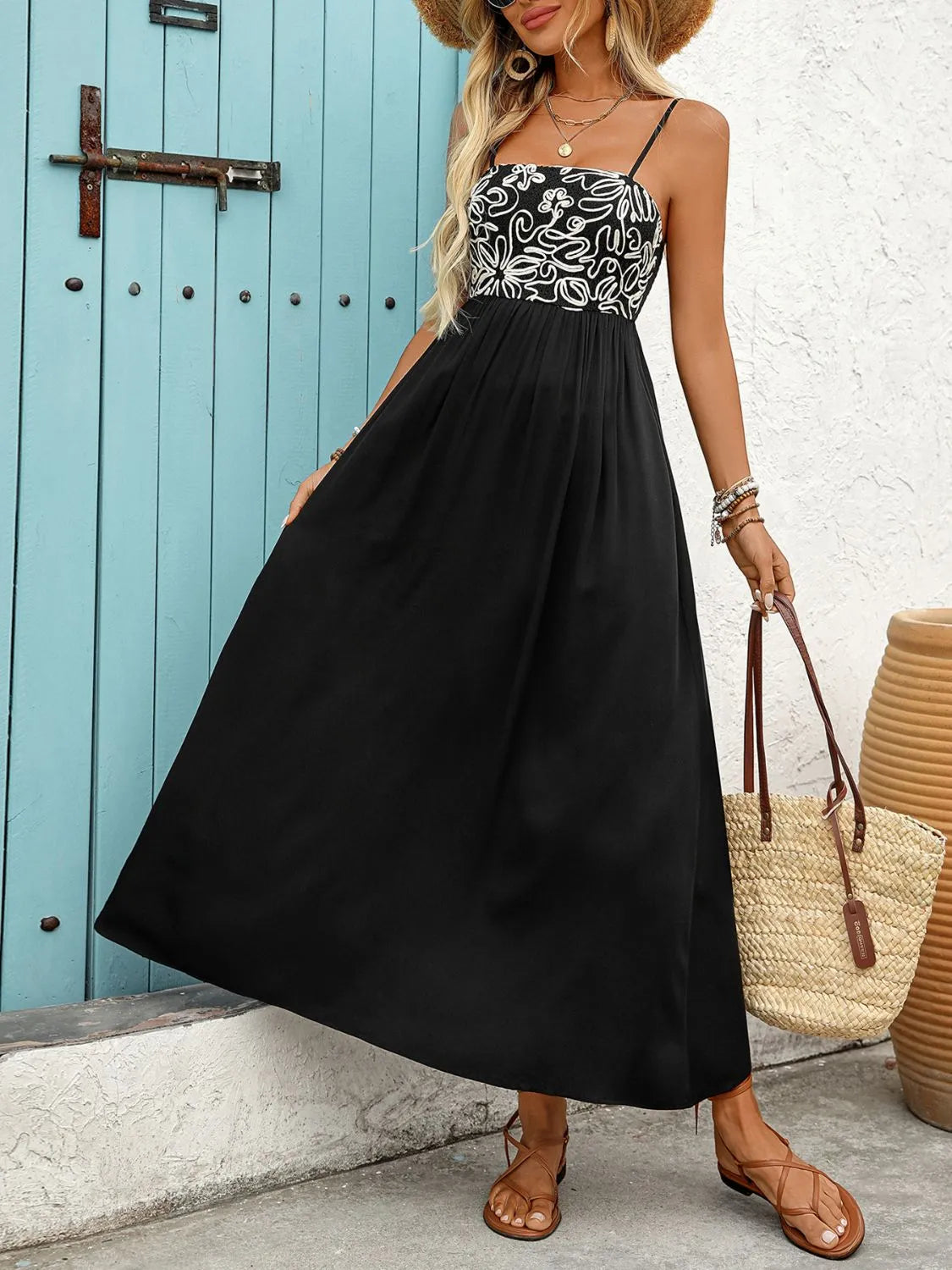 Smocked Cami Midi Dress in Black