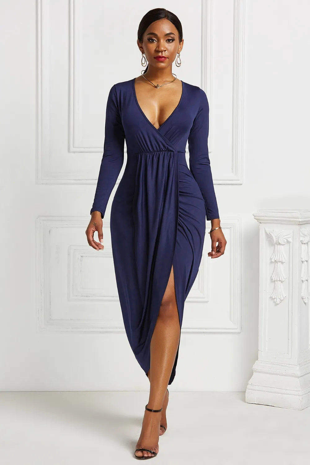 Ruched Surplice Long Sleeve High-Low Dress