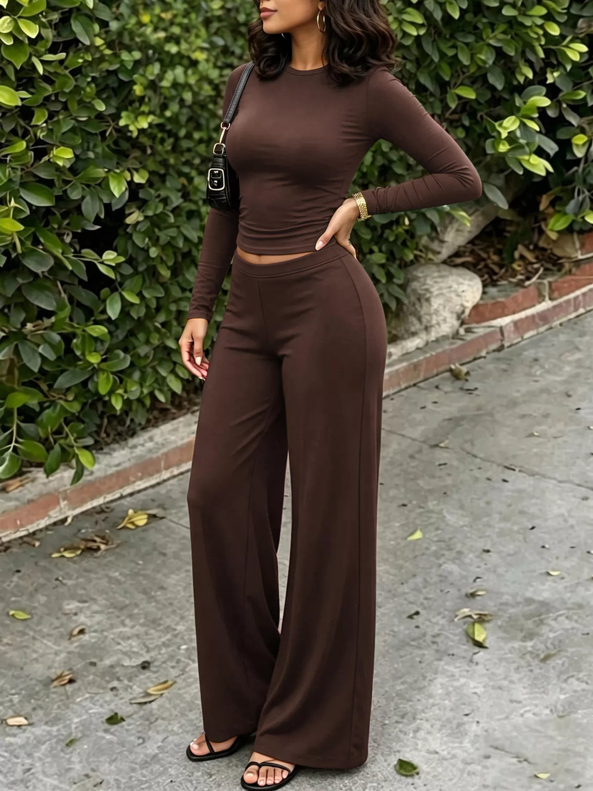 Slim Fit Crop Top and Wide Leg Pant Set in Brown