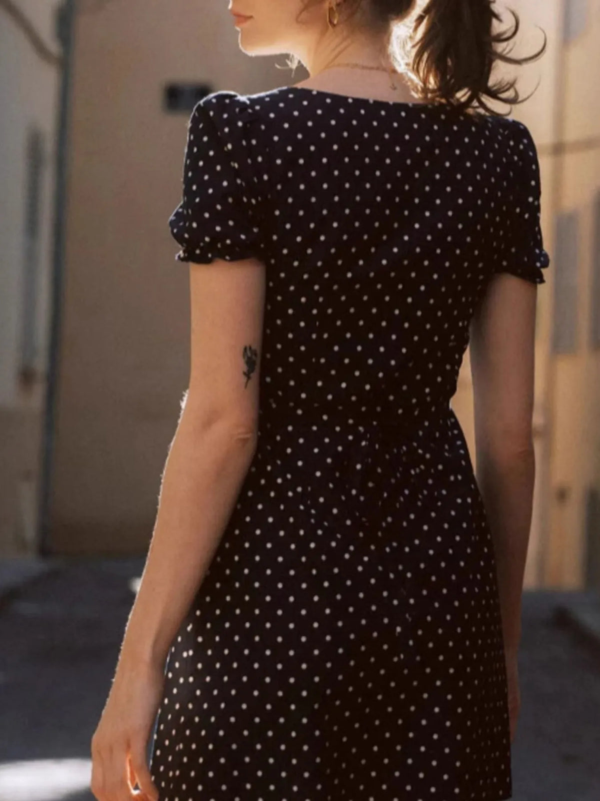 Polka Dot Puff Sleeve Mini Dress in Black