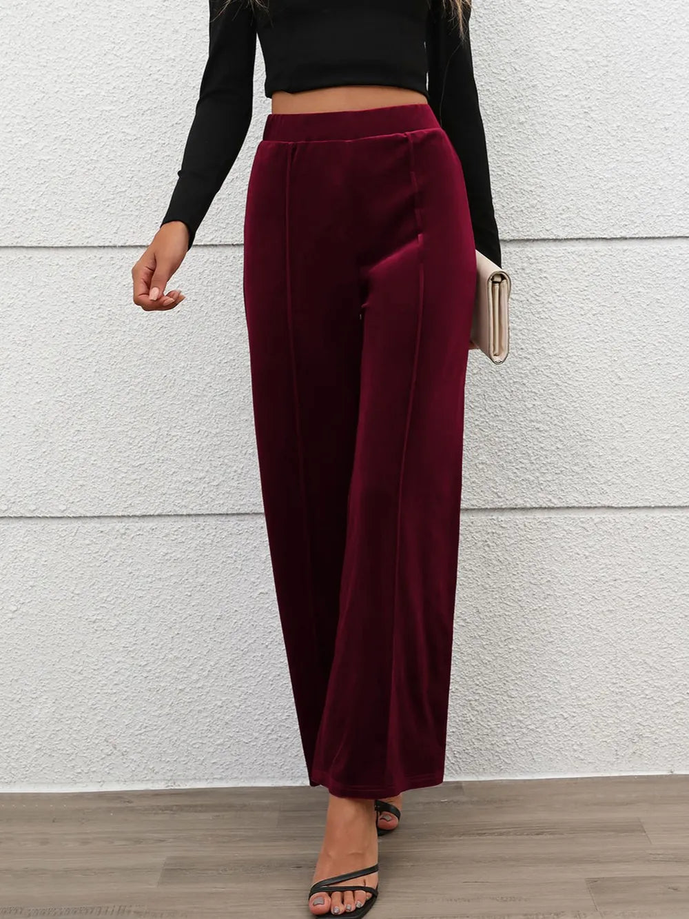 Elastic Waist Wide Leg Pants in Burgundy