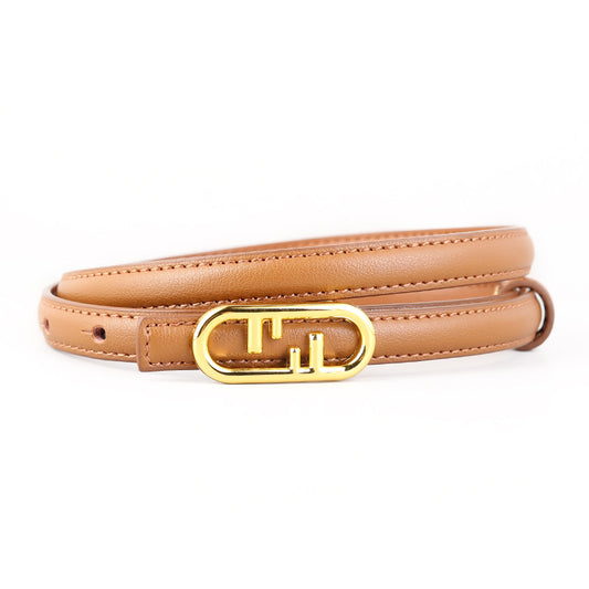 Ilussa Buckle Skinny Leather Belt — Caramel A