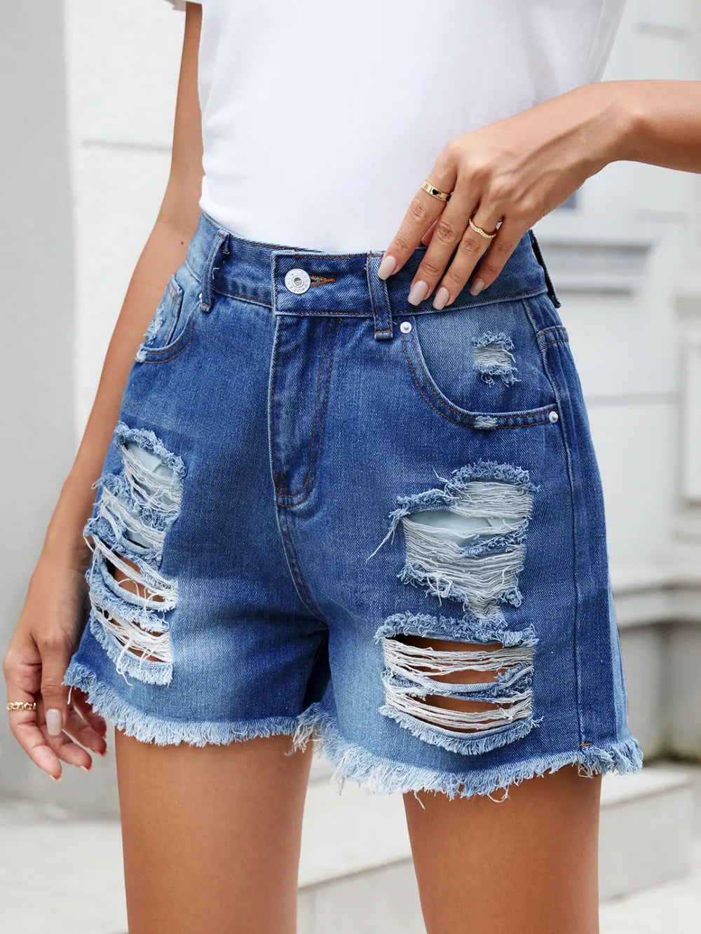 Raw Hem Distressed Denim Shorts by Manny