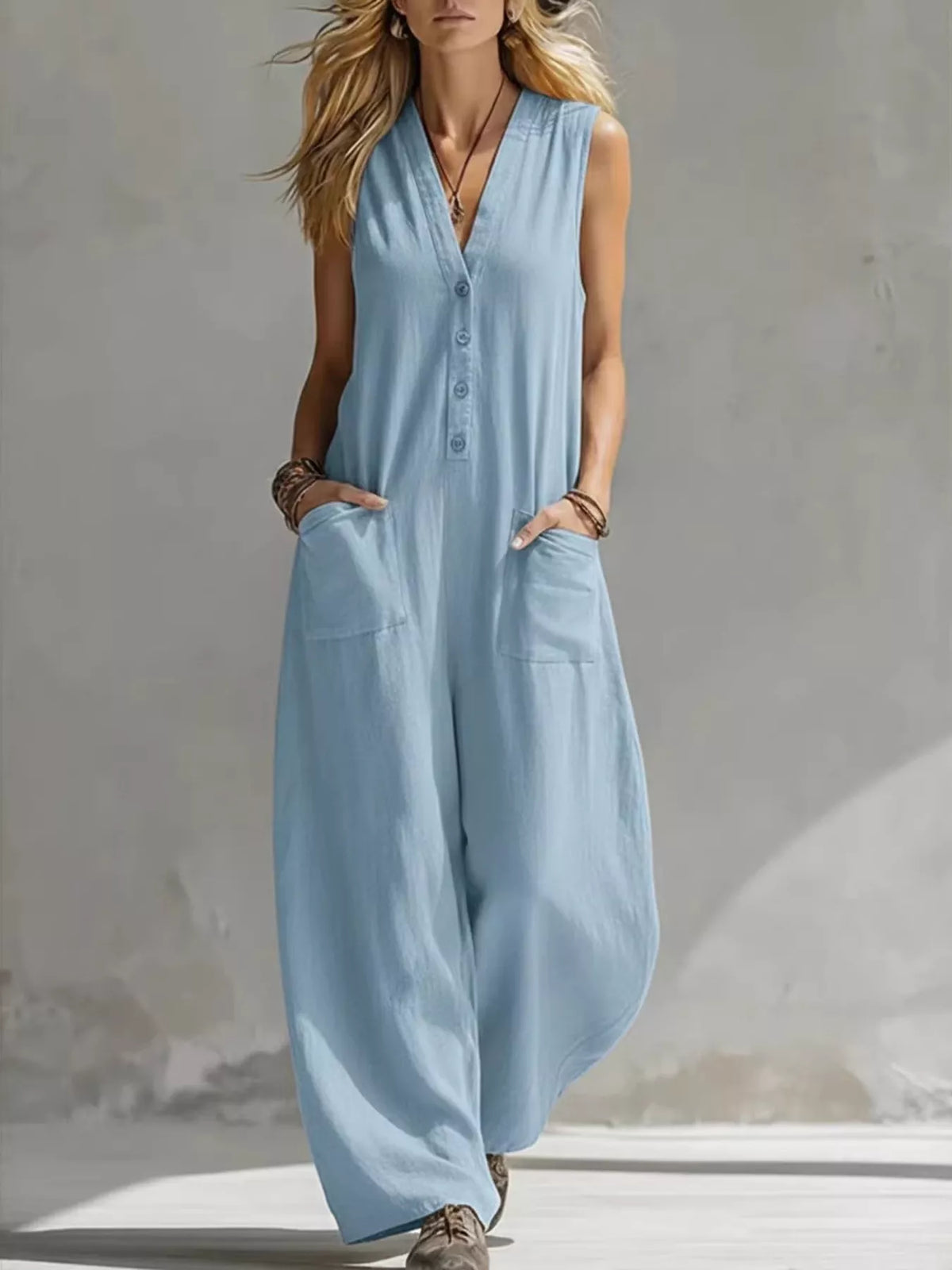 V-Neck Sleeveless Wide Leg Jumpsuit, Plus Size