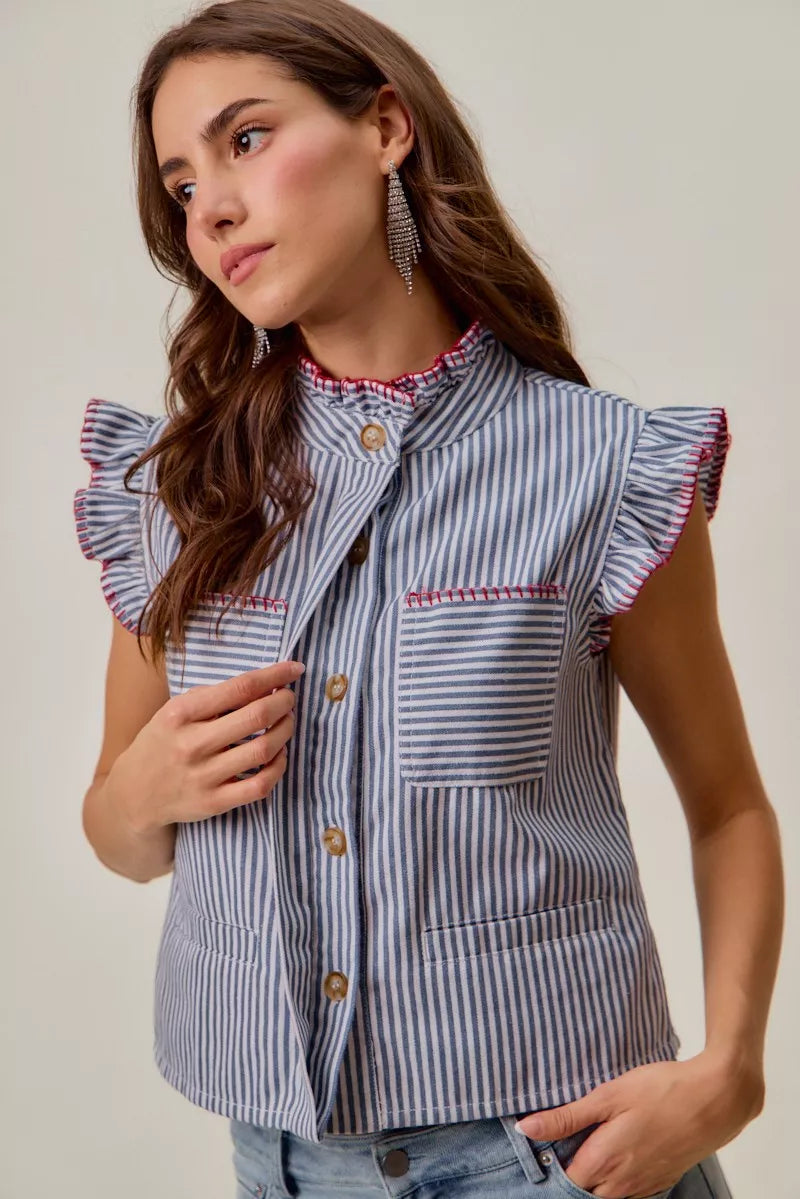 So Me Striped Ruffled Vest Top in Blue and Red in Blue/Red
