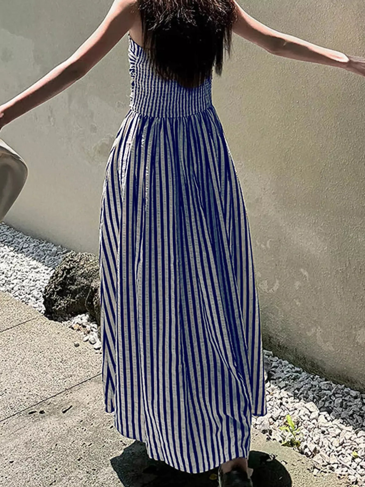 Striped Spaghetti-Strap A-Line Maxi Dress