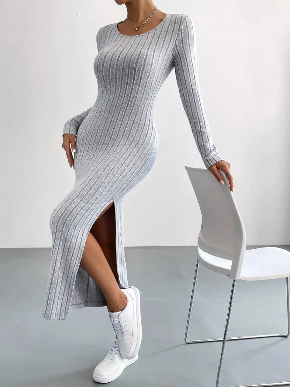 Side Slit Ribbed Knit Dress