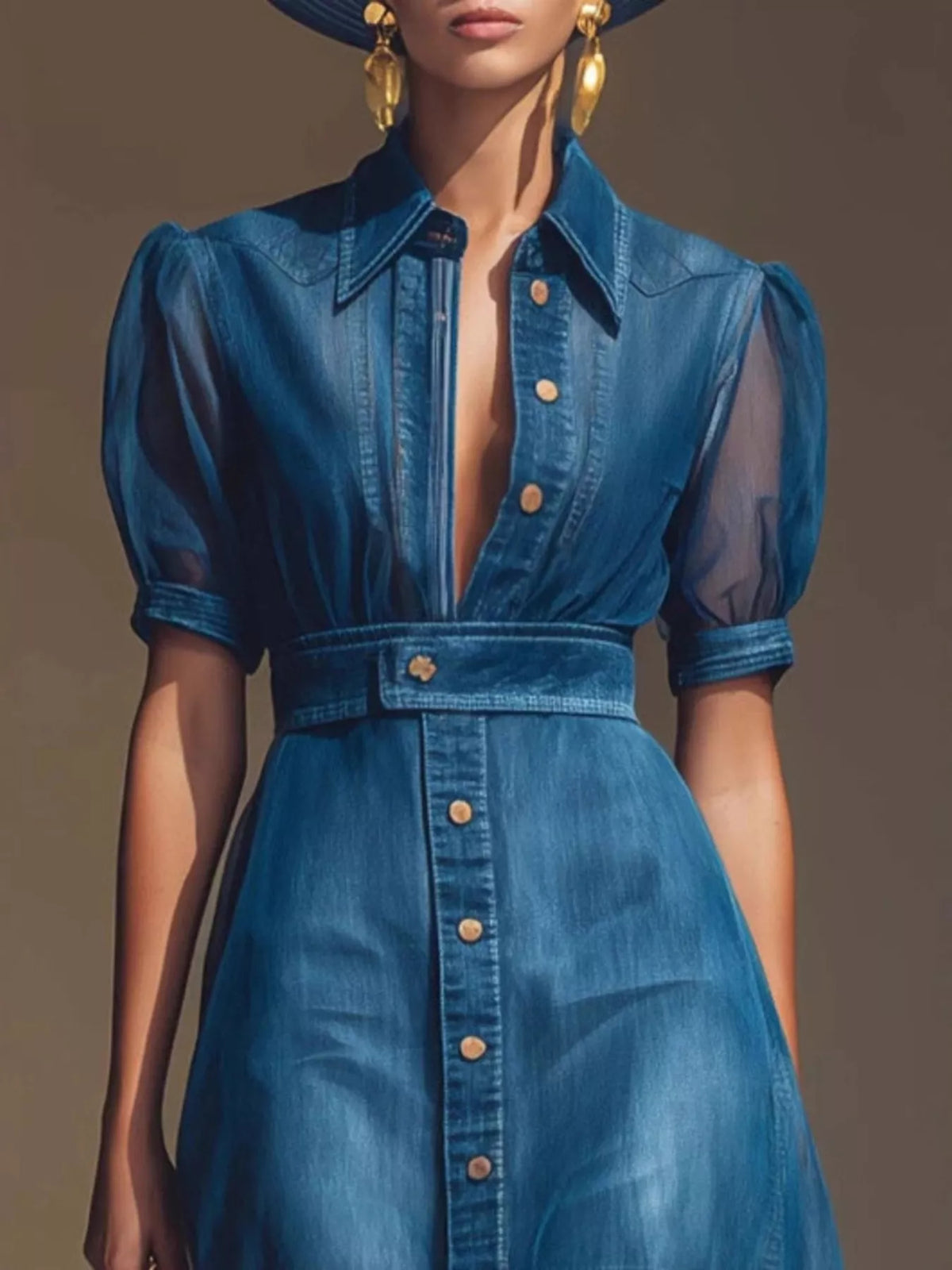Sheer Panel Button-Down Maxi Dress in Blue