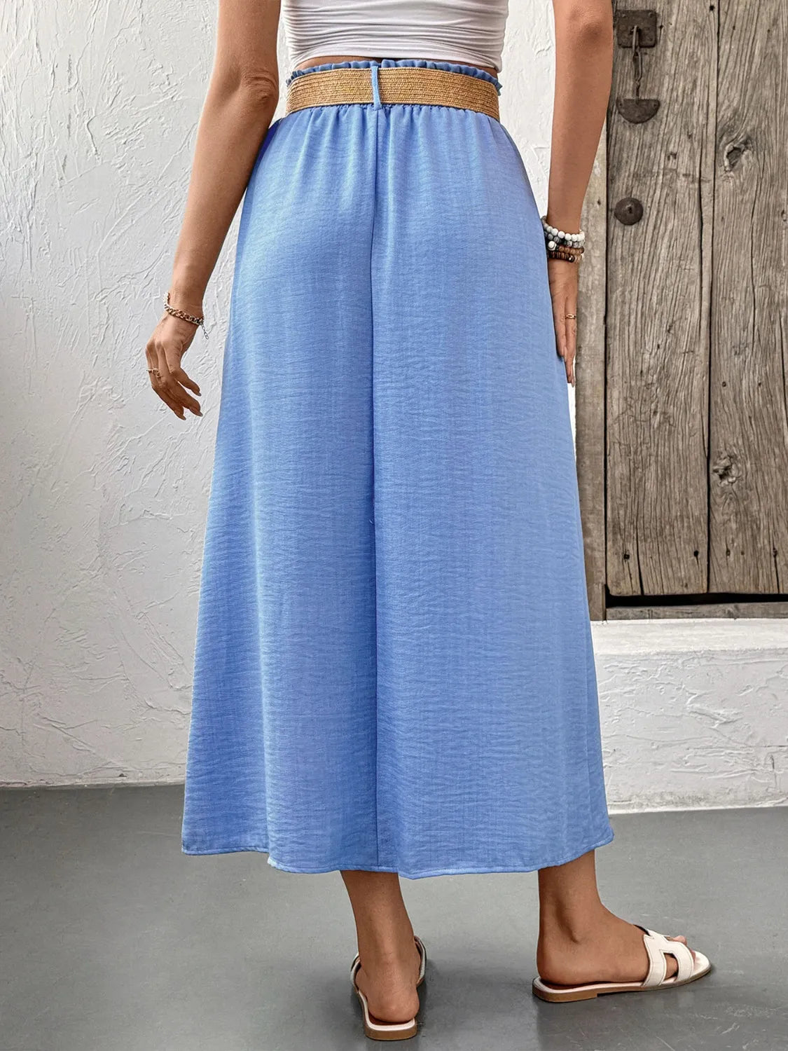 Decorative Button-Front Midi Skirt in Light Blue