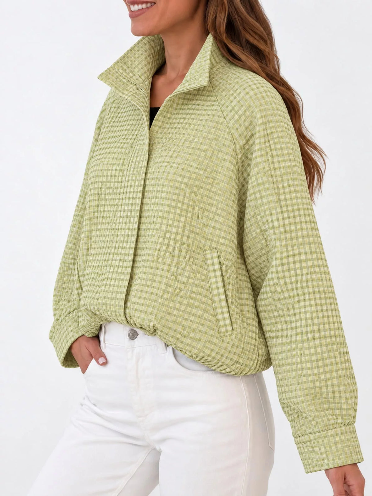 Plaid Stand-Collar Cropped Jacket