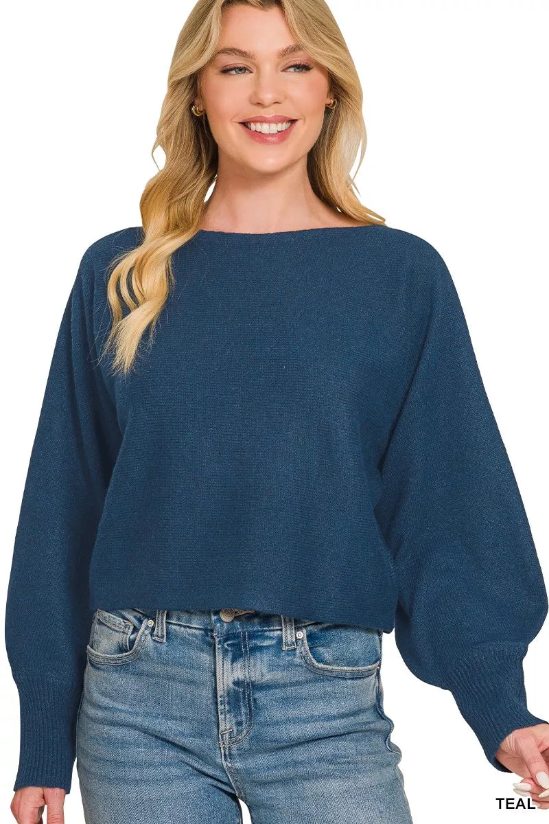Zenana Boat Neck Balloon Sleeve Sweater in Teal