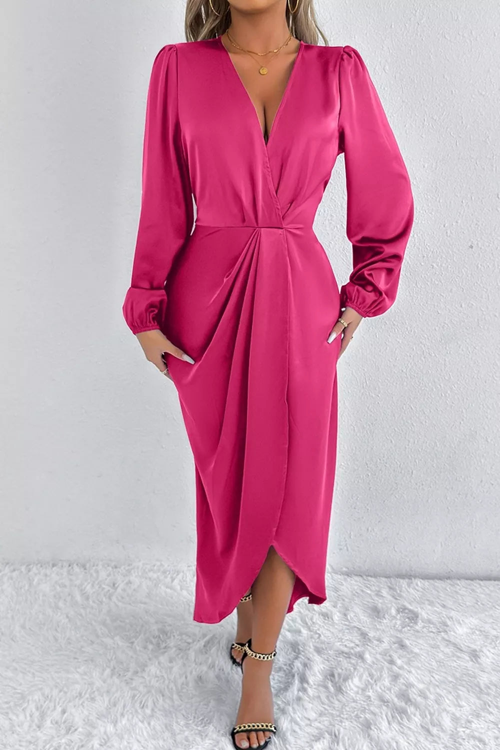 Satin Balloon Sleeve Midi Dress with Side Split