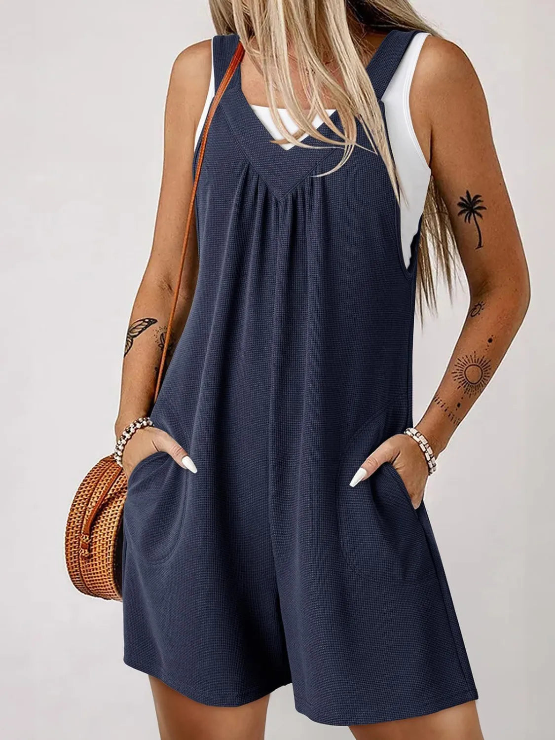 V-Neck Wide Strap Romper with Pockets