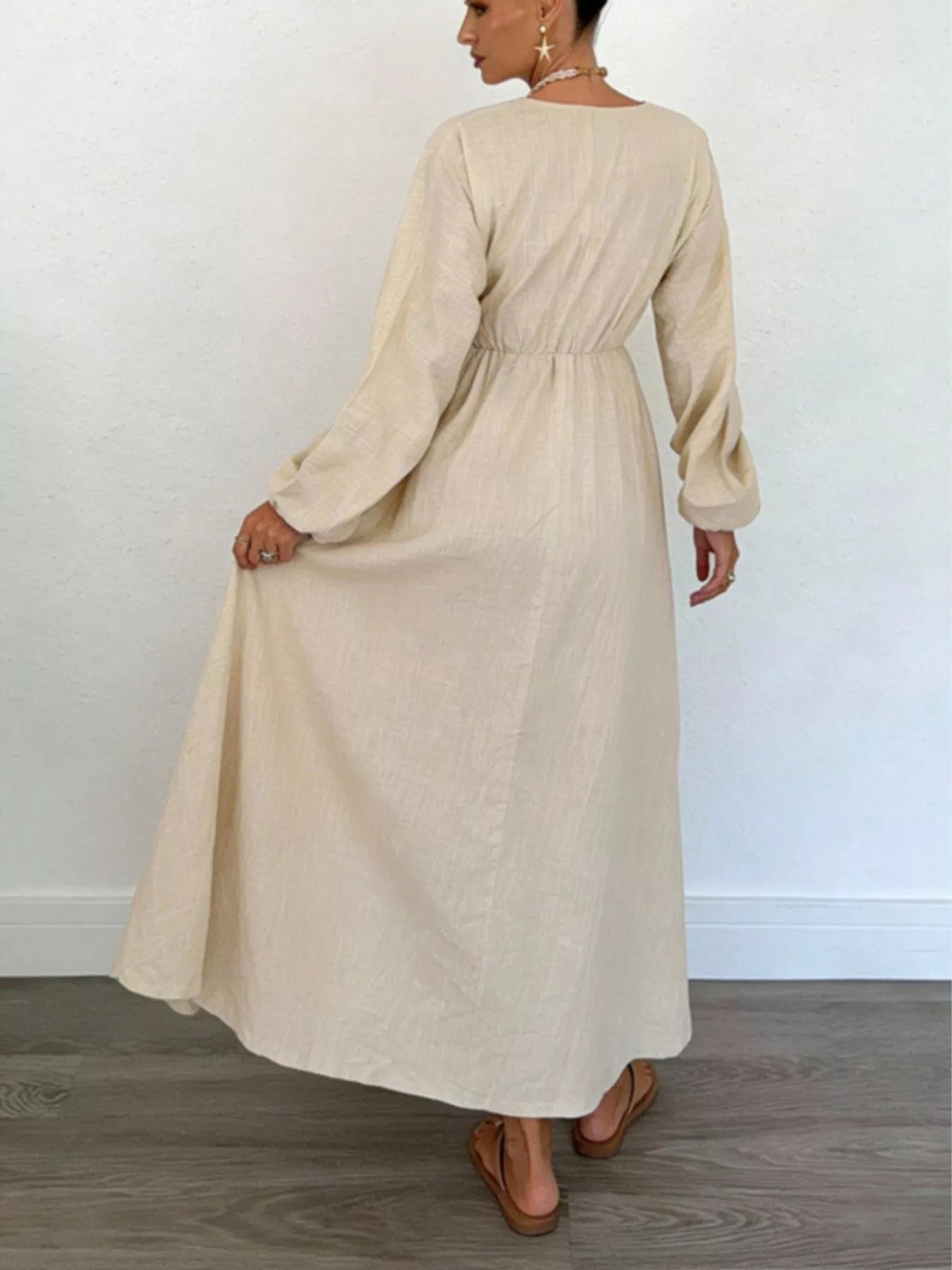 Tie-Front Balloon Sleeve Maxi Dress in Beige