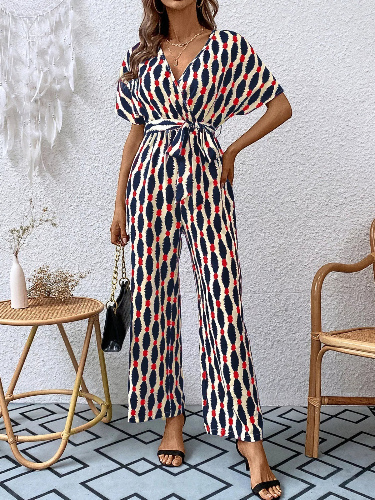 Surplice Tie Waist Short Sleeve Jumpsuit
