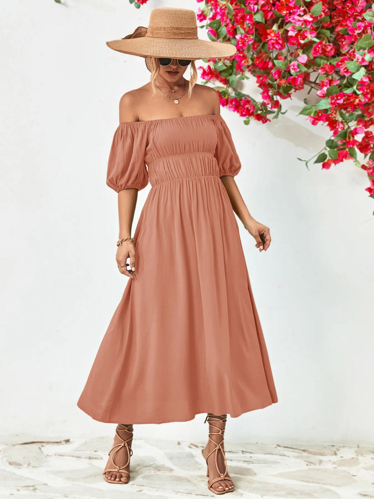Off-Shoulder Puff-Sleeve Smocked Maxi Dress