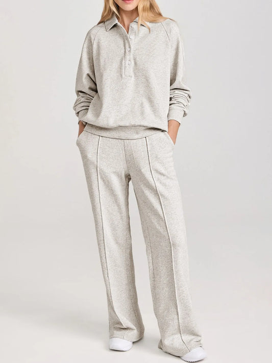 Collared Sweatshirt and High-Waist Pants Active Set
