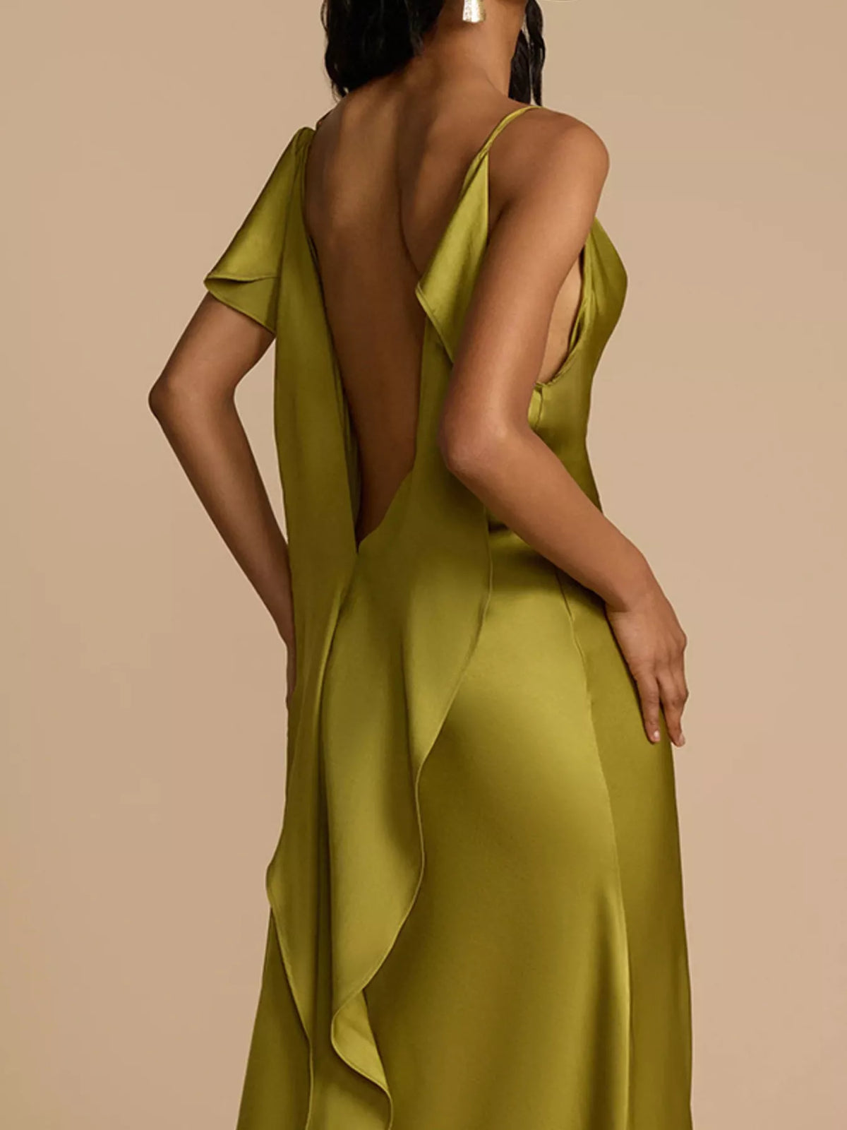 Satin Cowl Neck Slit Maxi Dress in Matcha in Matcha Color