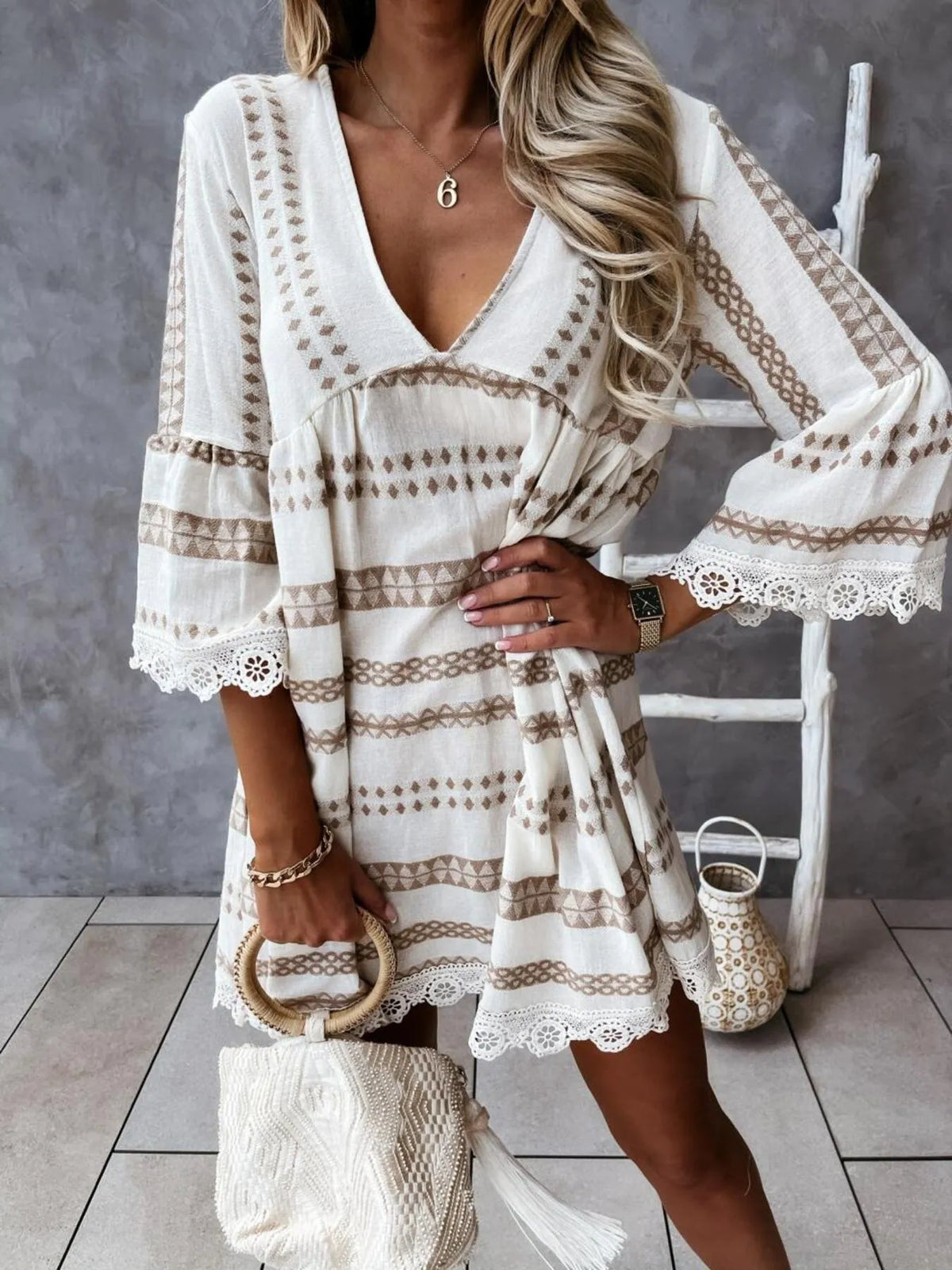 Striped V-Neck Lace Trim Babydoll Dress