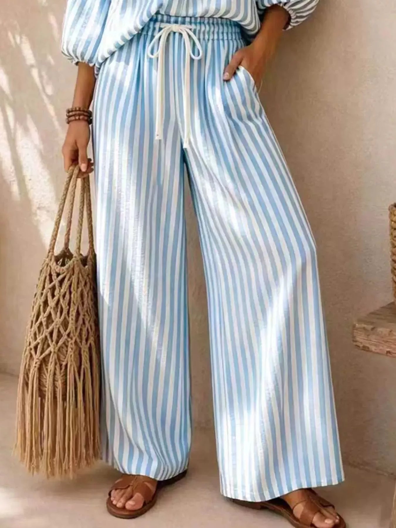 Striped Puff-Sleeve Top and Wide-Leg Pants Set