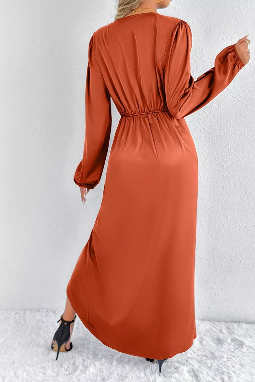 Satin Balloon Sleeve Midi Dress with Side Split