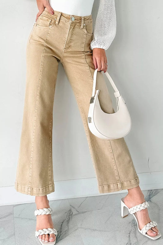 Solid Color Seamed Center Wide Leg Cropped Jeans in Tan