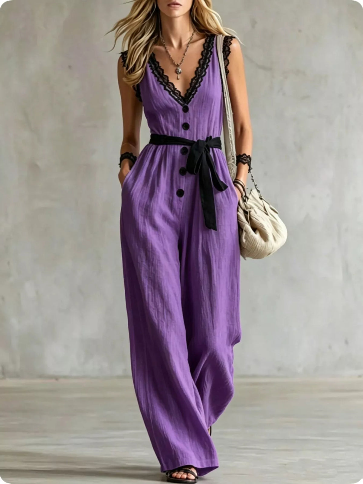 Lace Detail V-Neck Sleeveless Jumpsuit