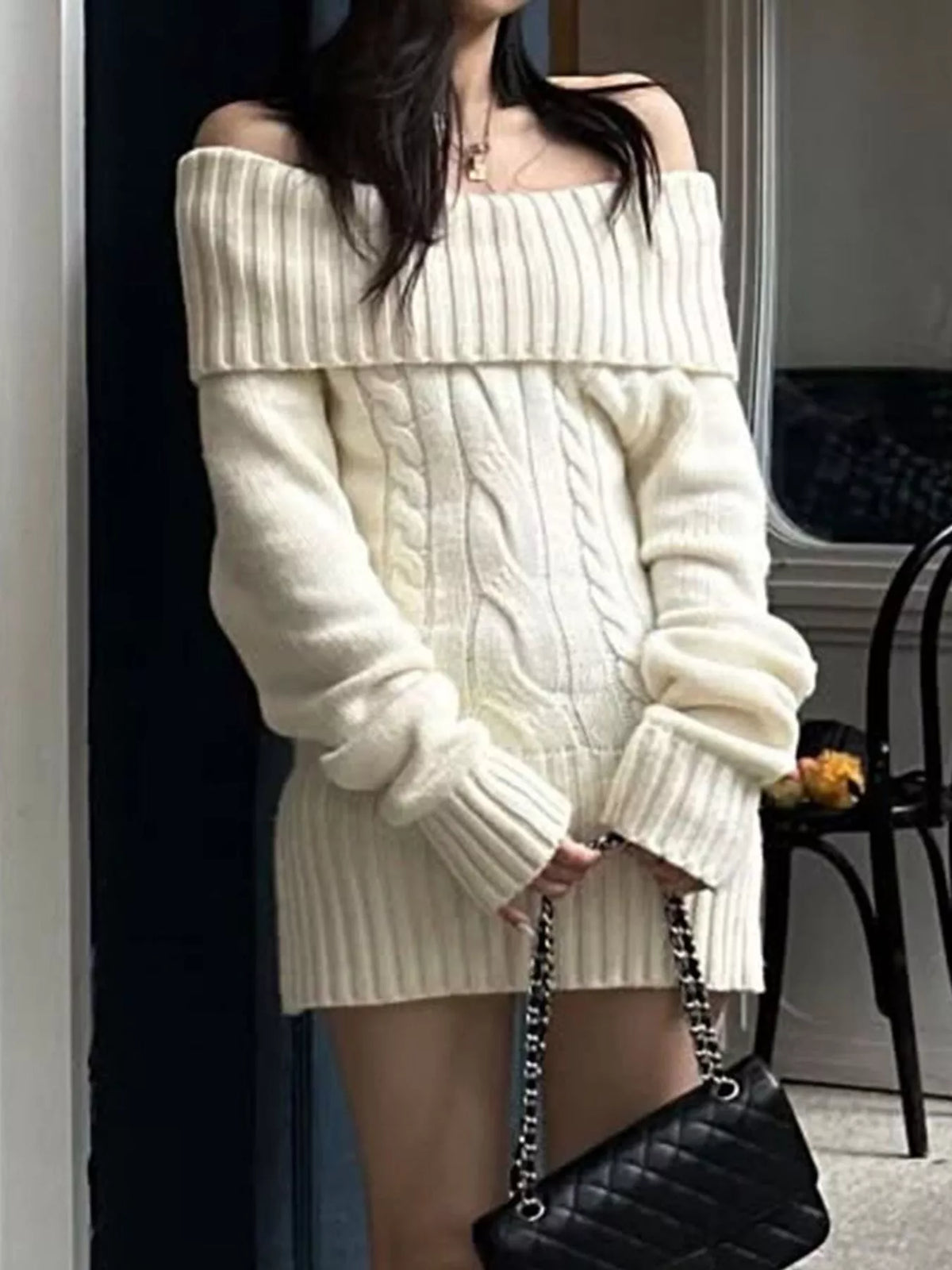 Off-Shoulder Cable Knit Sweater Dress in White