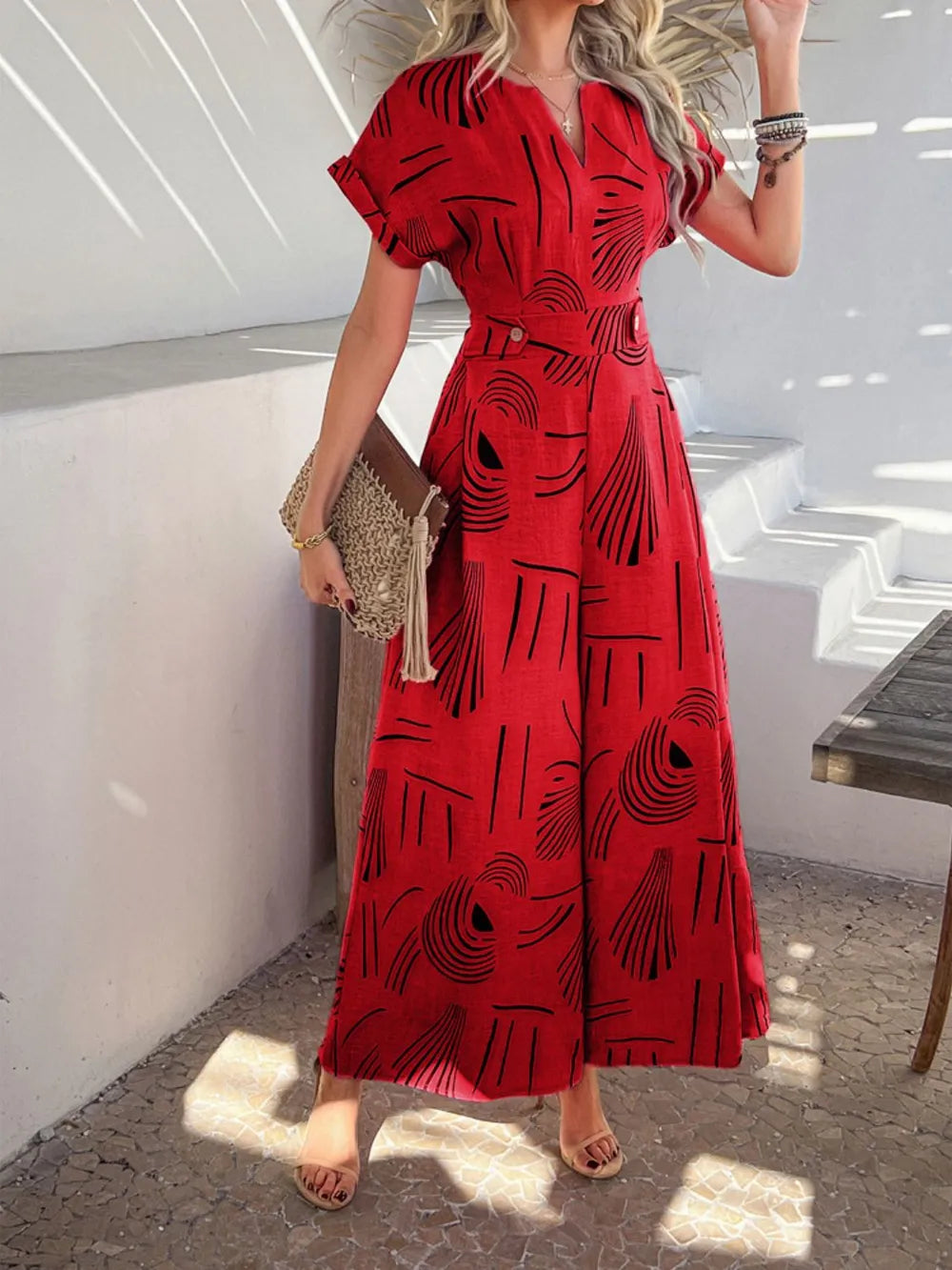 Printed Notched Wide-Leg Jumpsuit