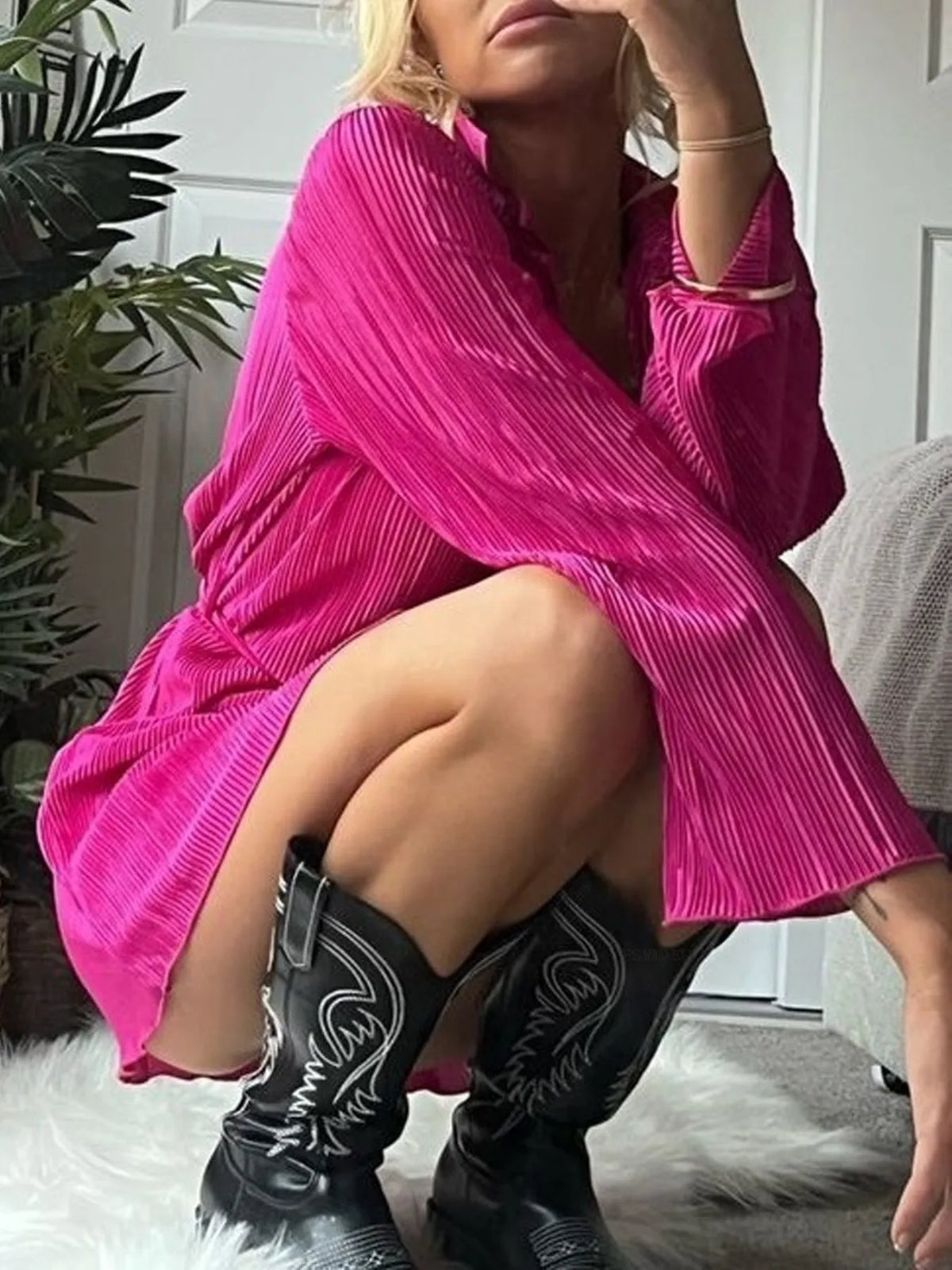 Printed Long-Sleeve Button-Front Mini Dress
