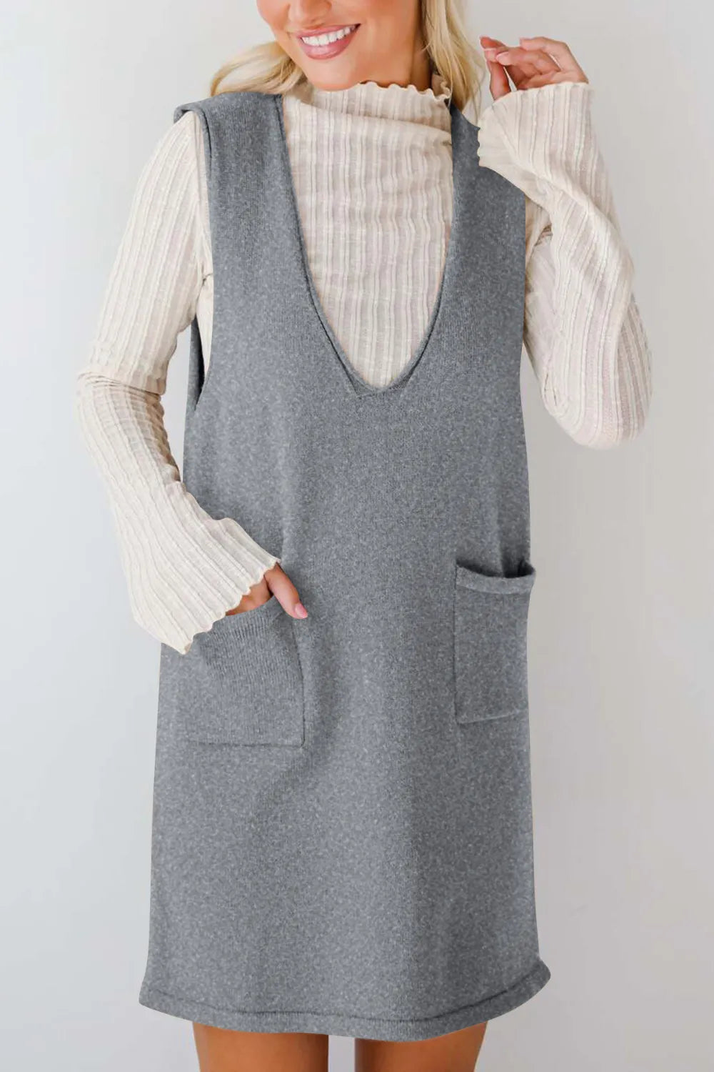 Pocketed V-Neck Mini Sweater Overall Dress