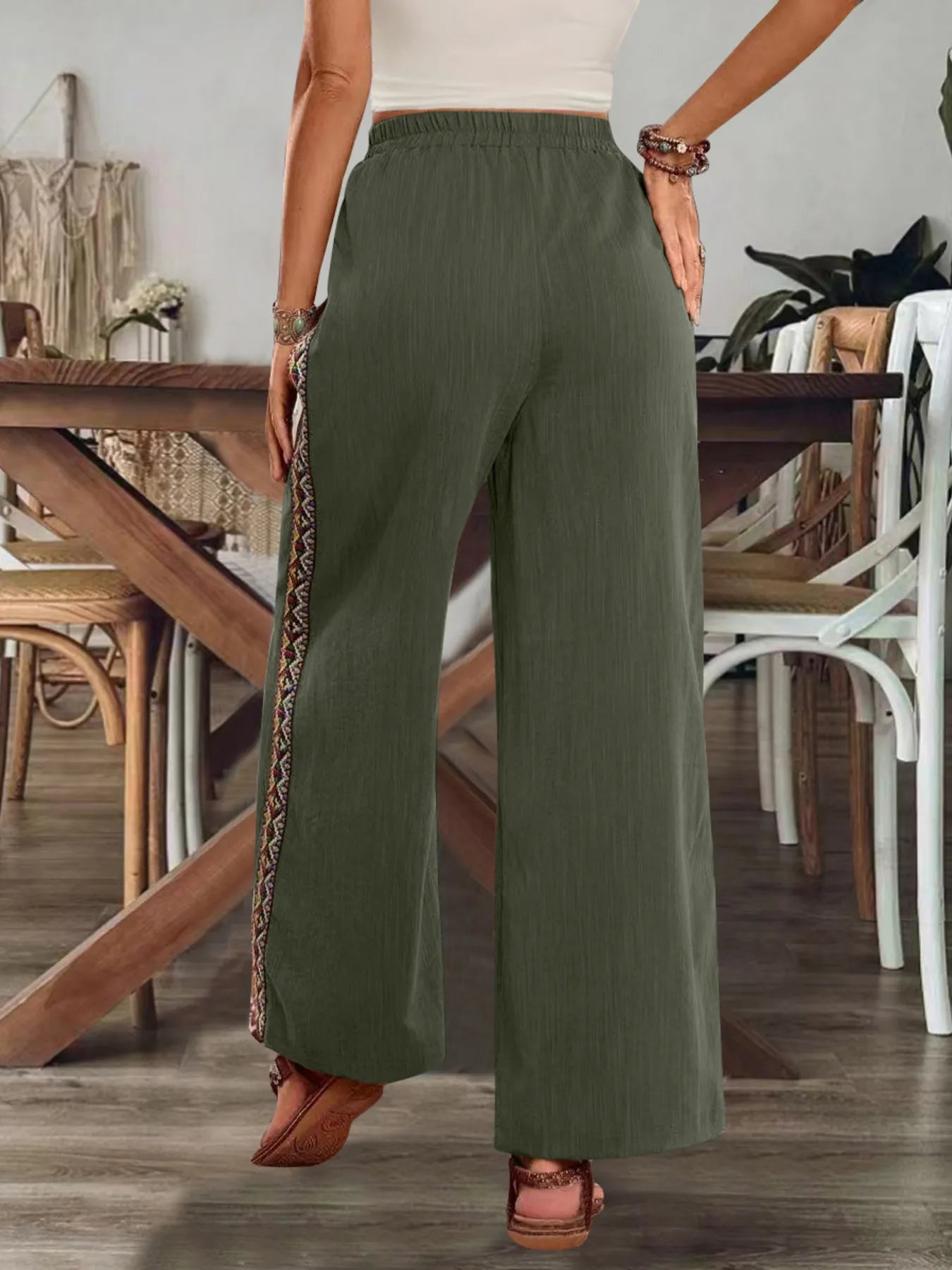 Embroidered Side-Stripe Wide-Leg Pants