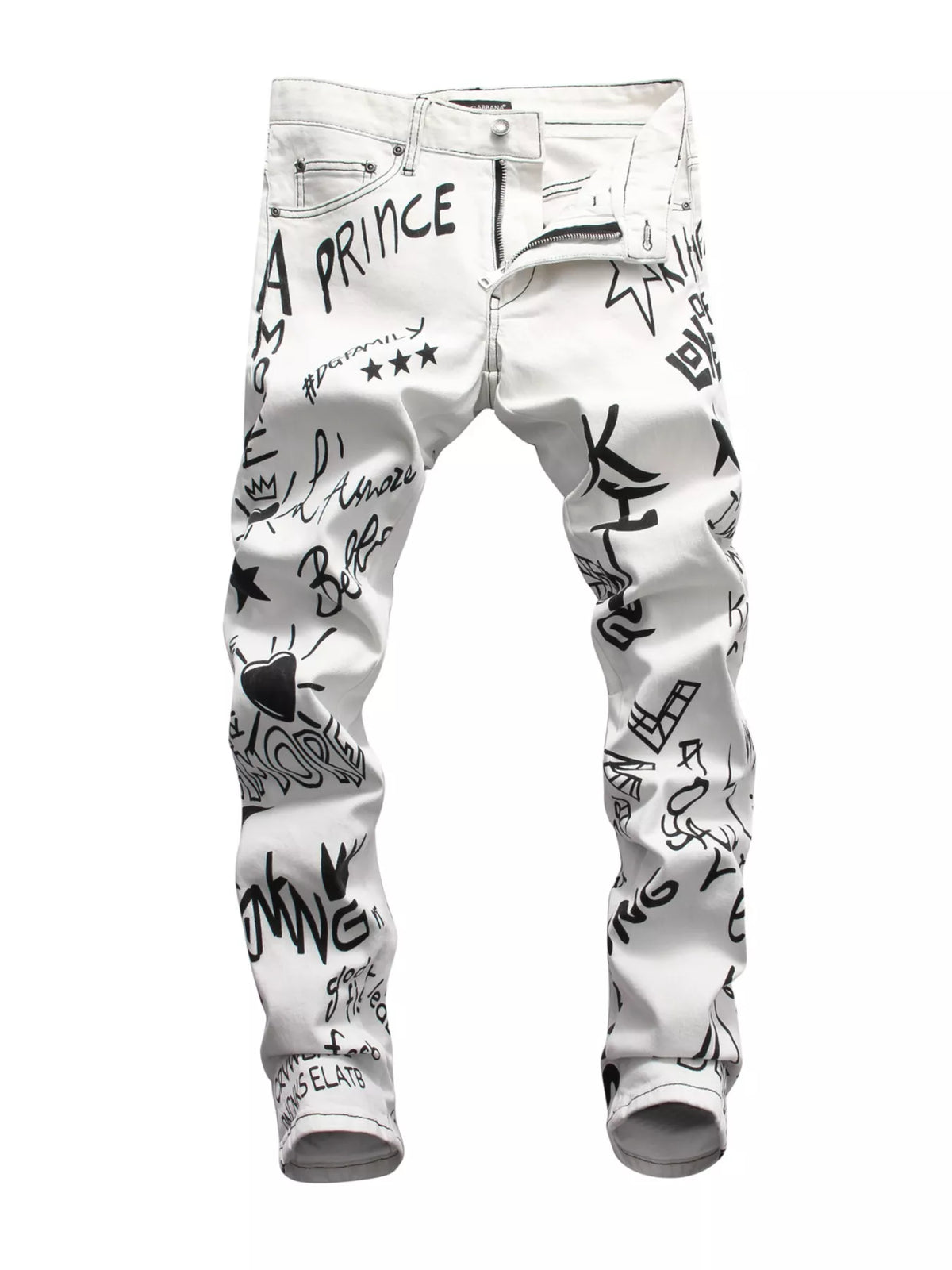 Graffiti Print Slim Fit Jeans in White