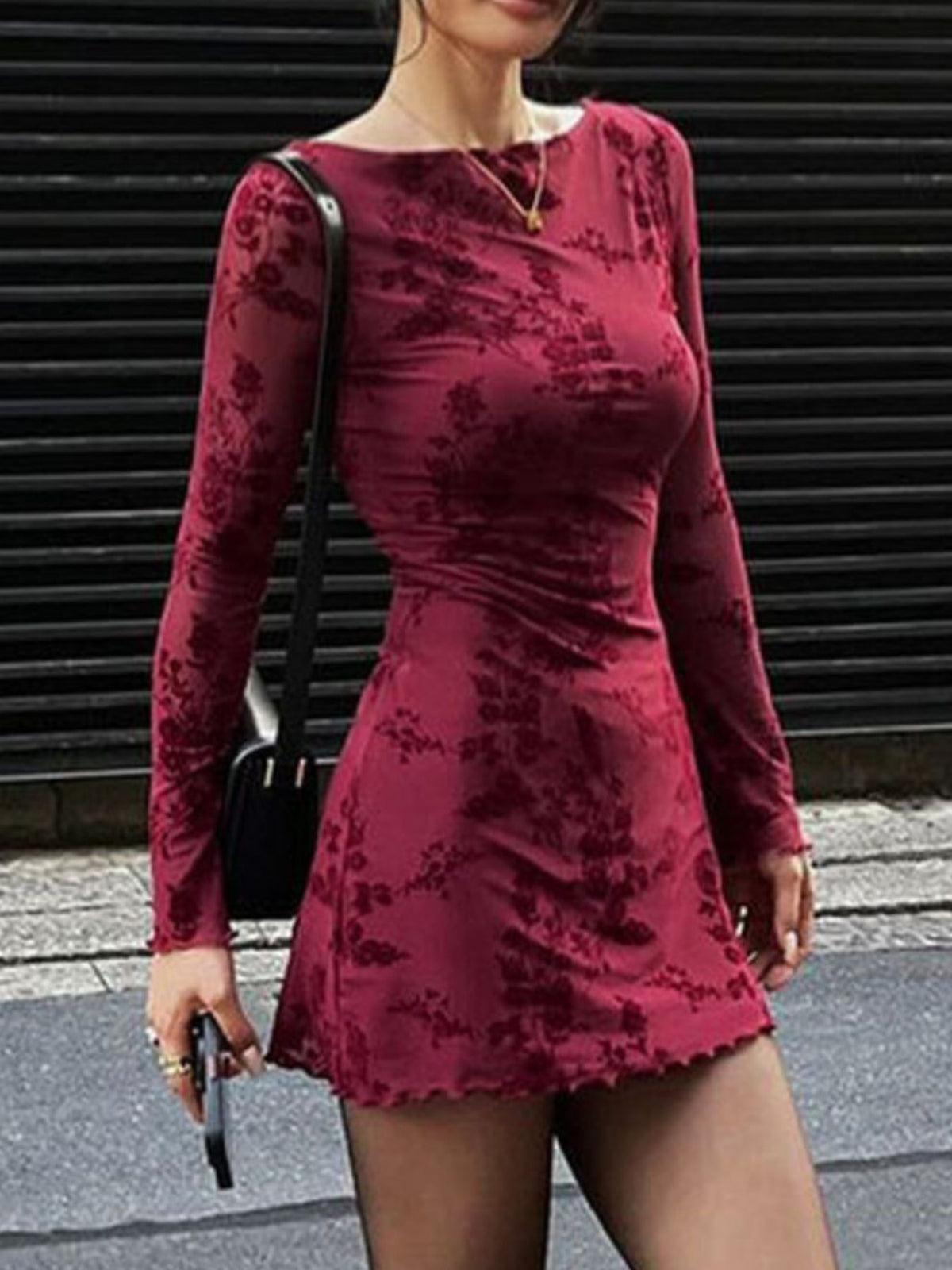 Mesh Bodycon Mini Dress in Burgundy