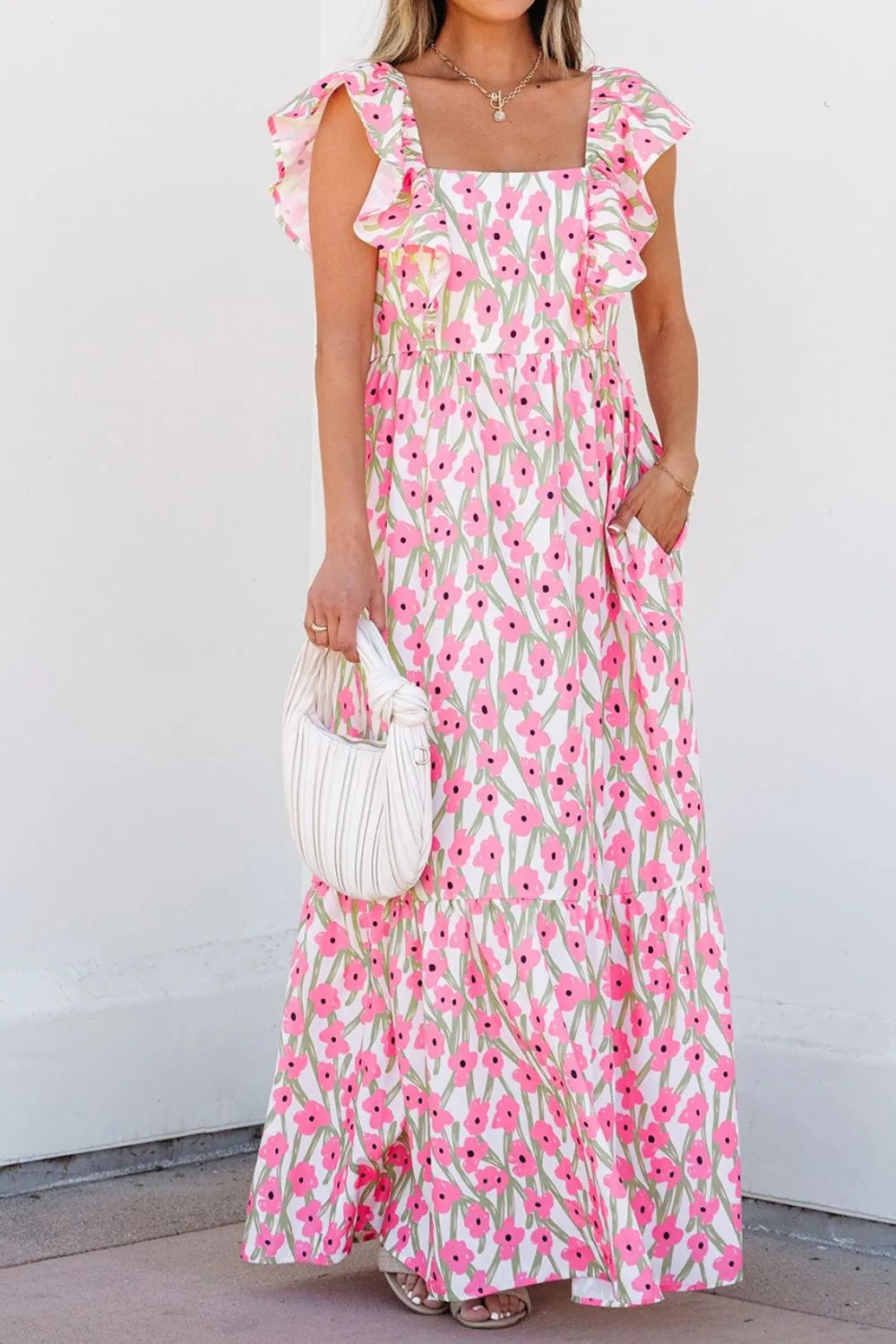 Floral Square Neck Ruffled Maxi Dress in Blush Pink
