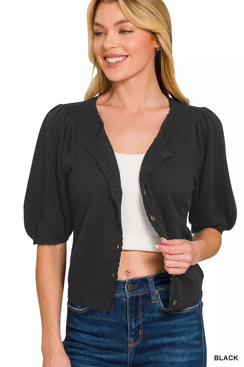 Zenana Puff Sleeve Wool Cardigan in Black