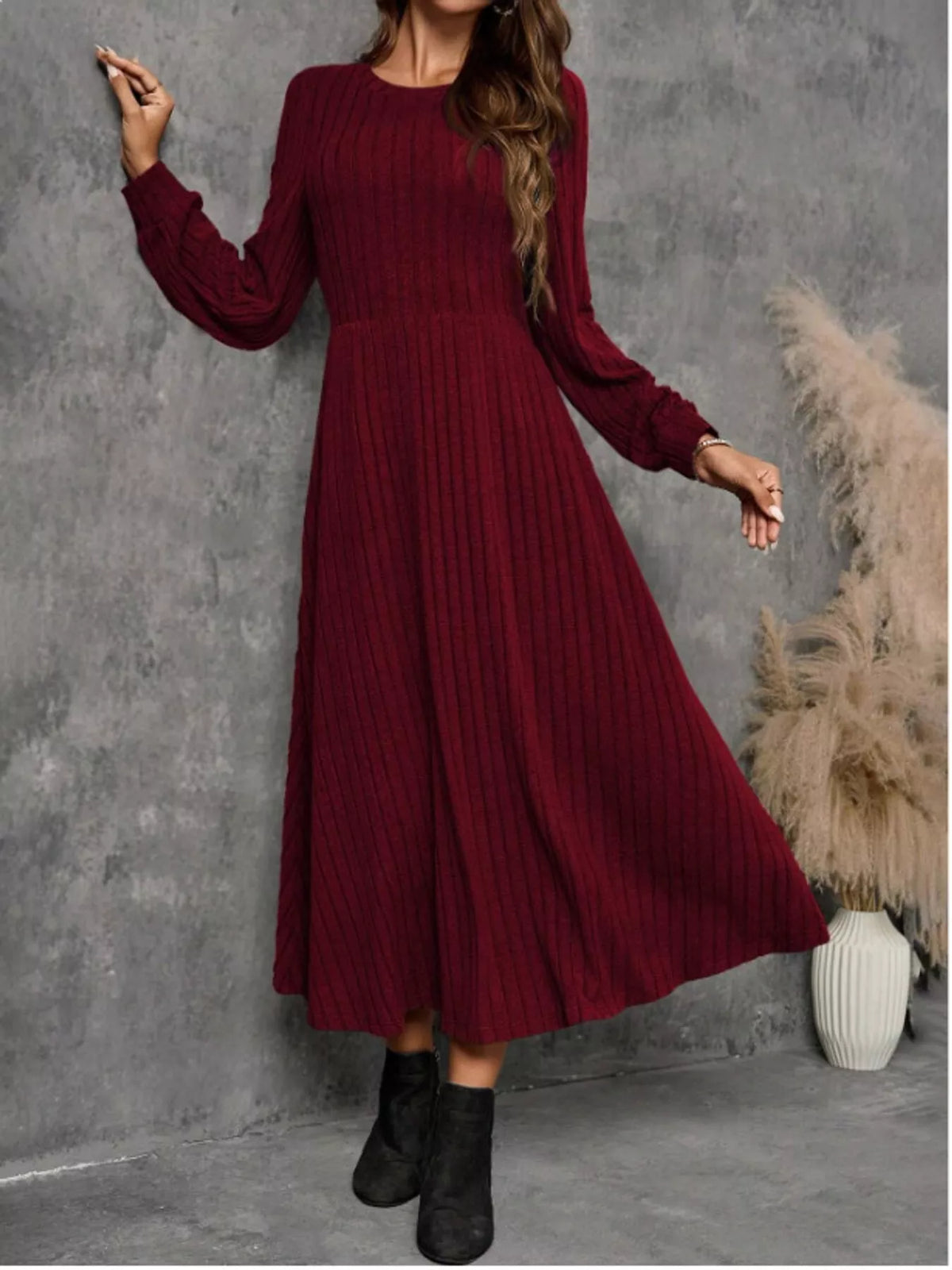 Ribbed Knit A-Line Midi Dress