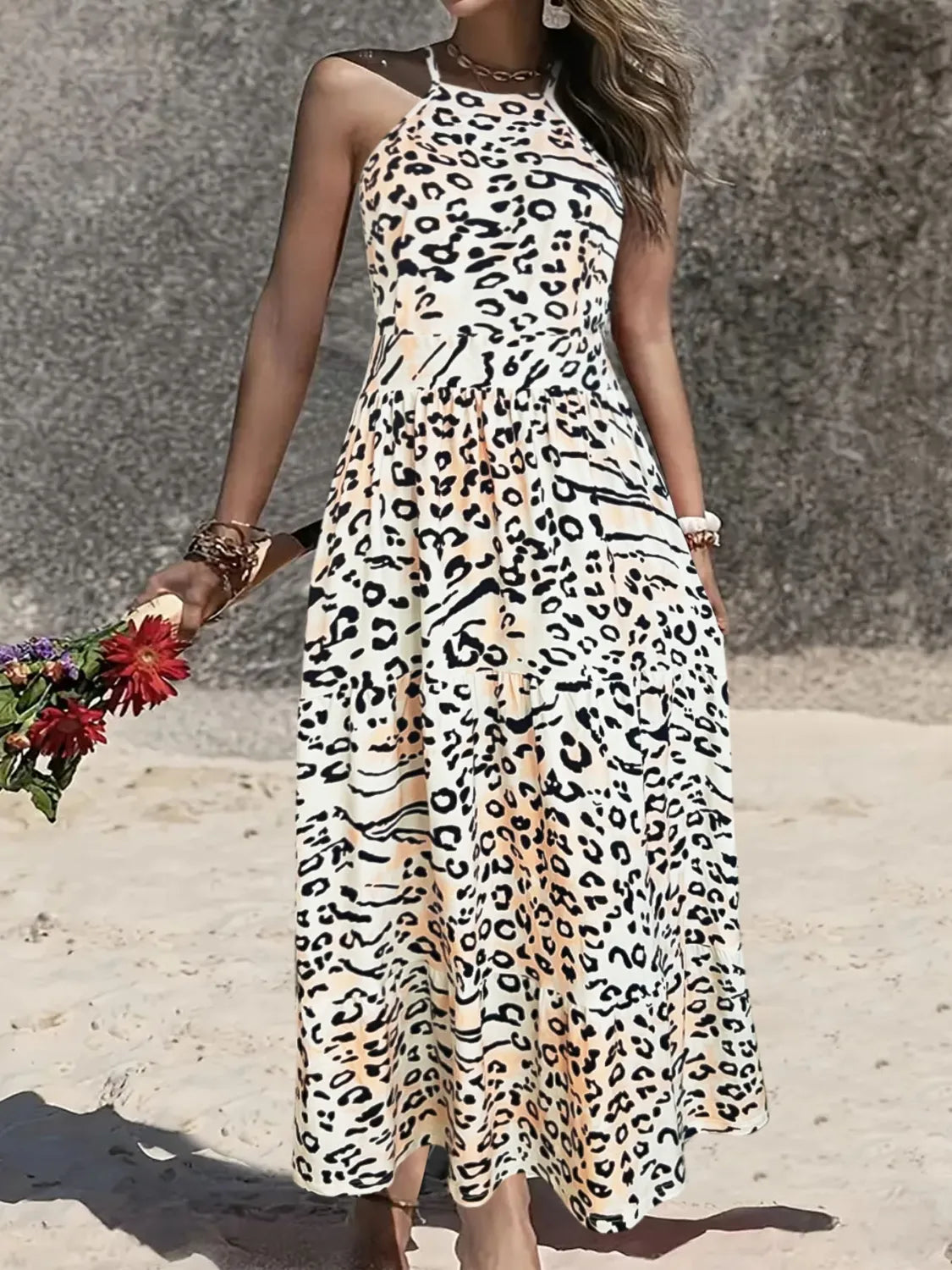 Tiered Halter Dress in Leopard