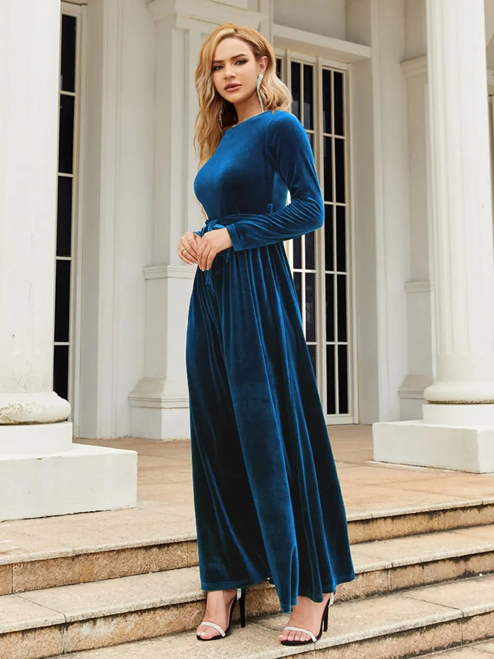 Tie-Front Round-Neck Long-Sleeve Maxi Dress