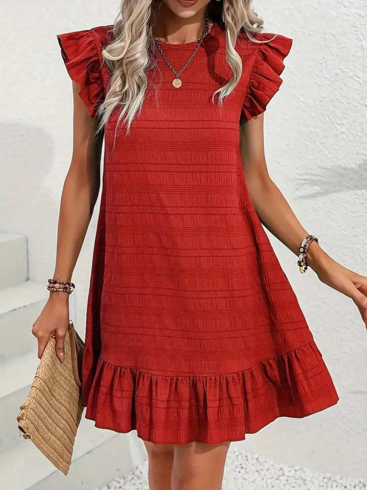 Ruffled Flutter Sleeve Textured Mini Dress