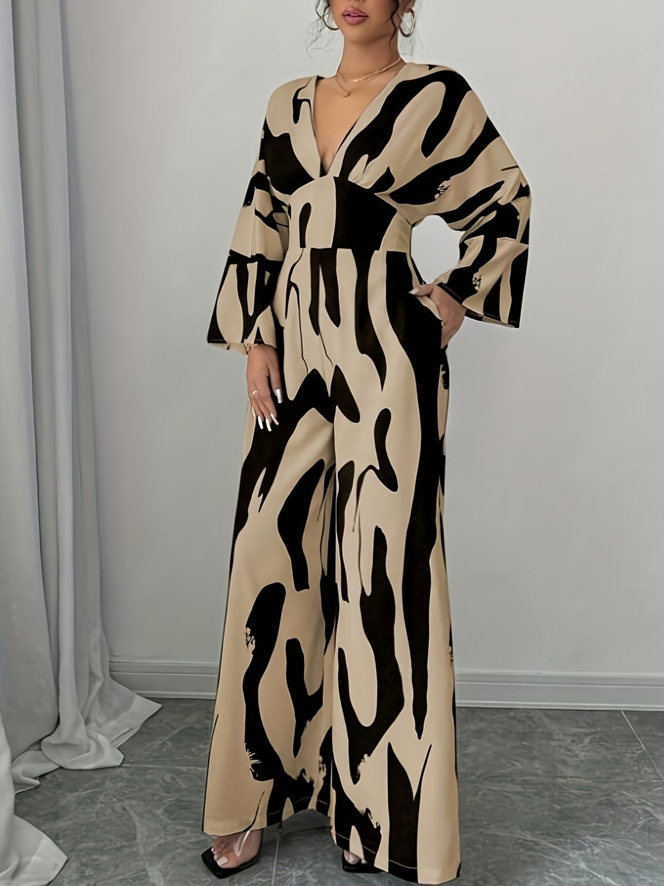 Abstract Print Belted Jumpsuit in Khaki
