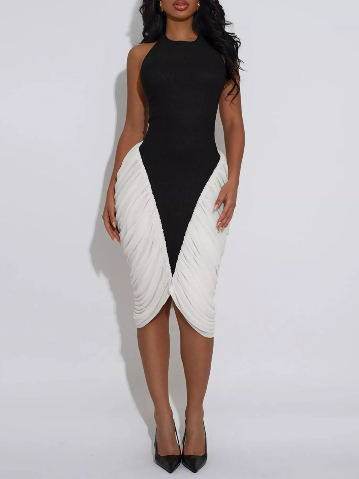 Two-Tone Sleeveless Ruched Midi Dress in Black