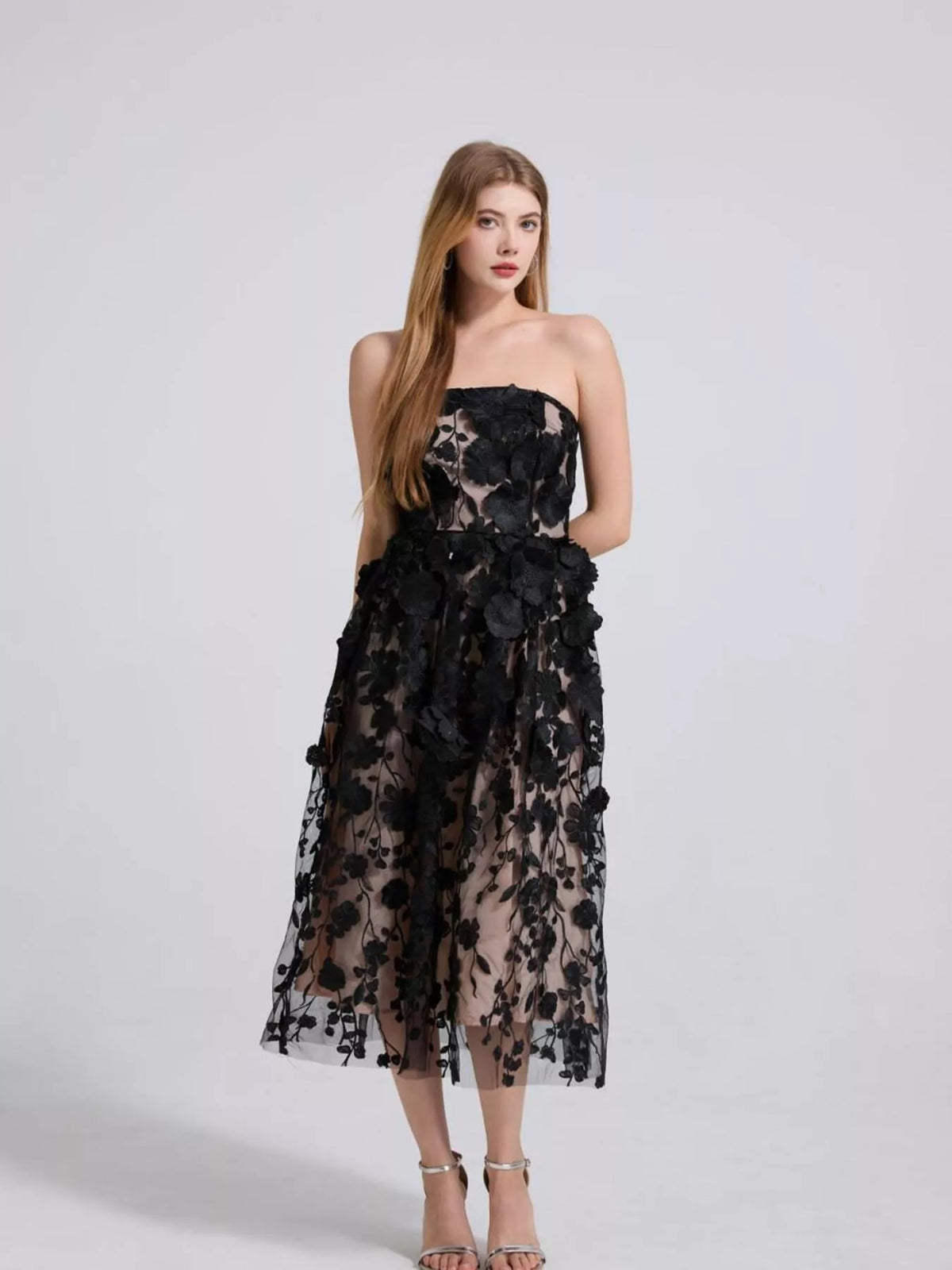 Floral Applique Strapless Midi Dress, Lined