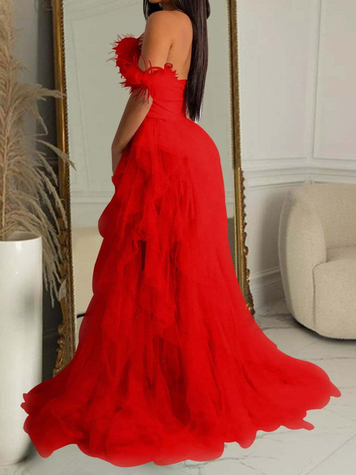 Feathered Corset Tulle Evening Dress