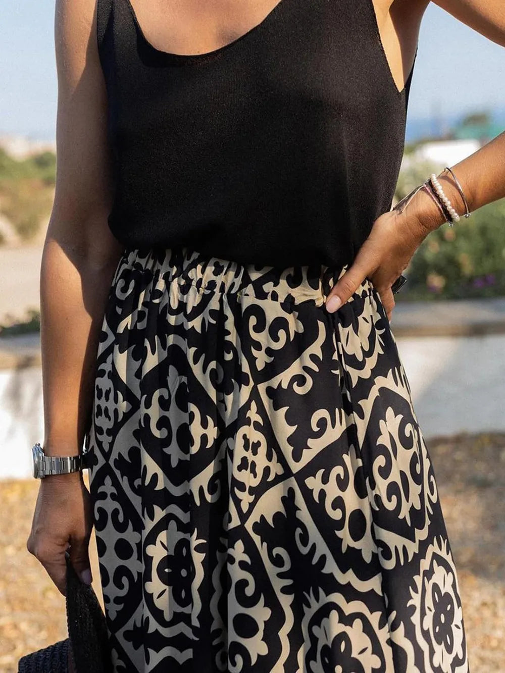 Geometric Print Elastic-Waist Maxi Skirt