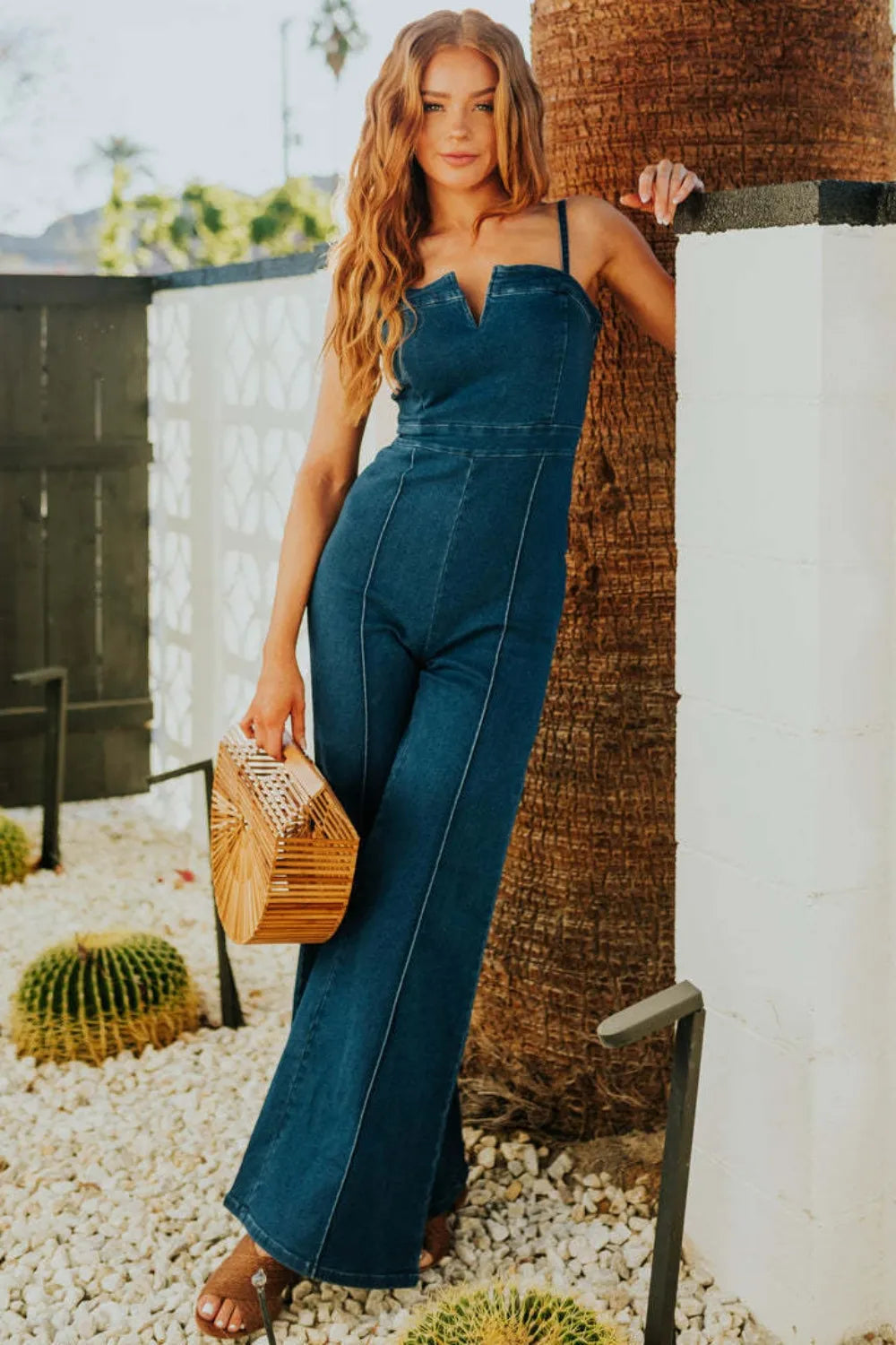 Spaghetti Strap Wide Leg Denim Jumpsuit in Dark Wash by Yolan House