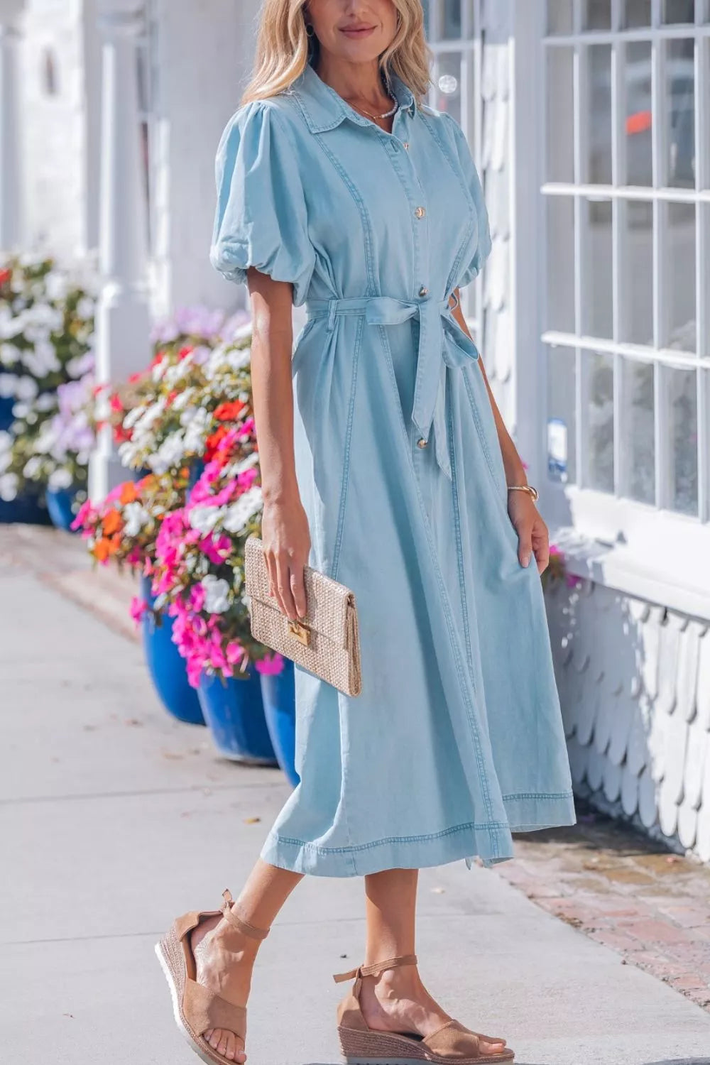 Collared Bubble Sleeve Denim Dress in Light Blue