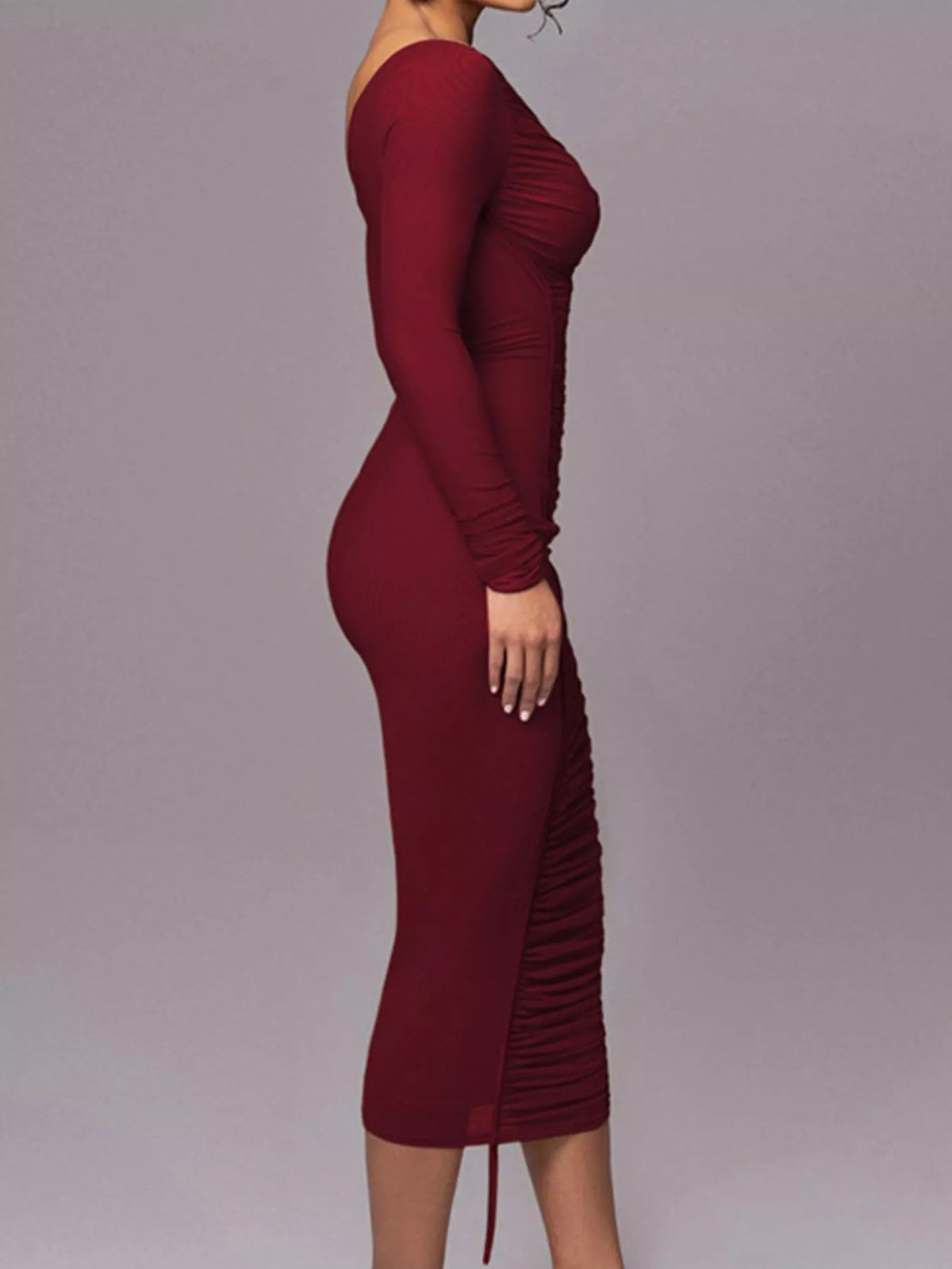 One-Shoulder Ruched Bodycon Midi Dress