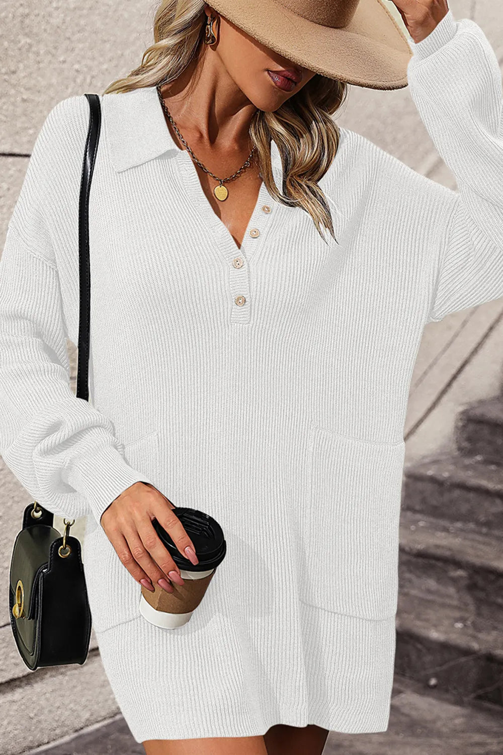 Collared Button-Front Sweater Dress with Pockets
